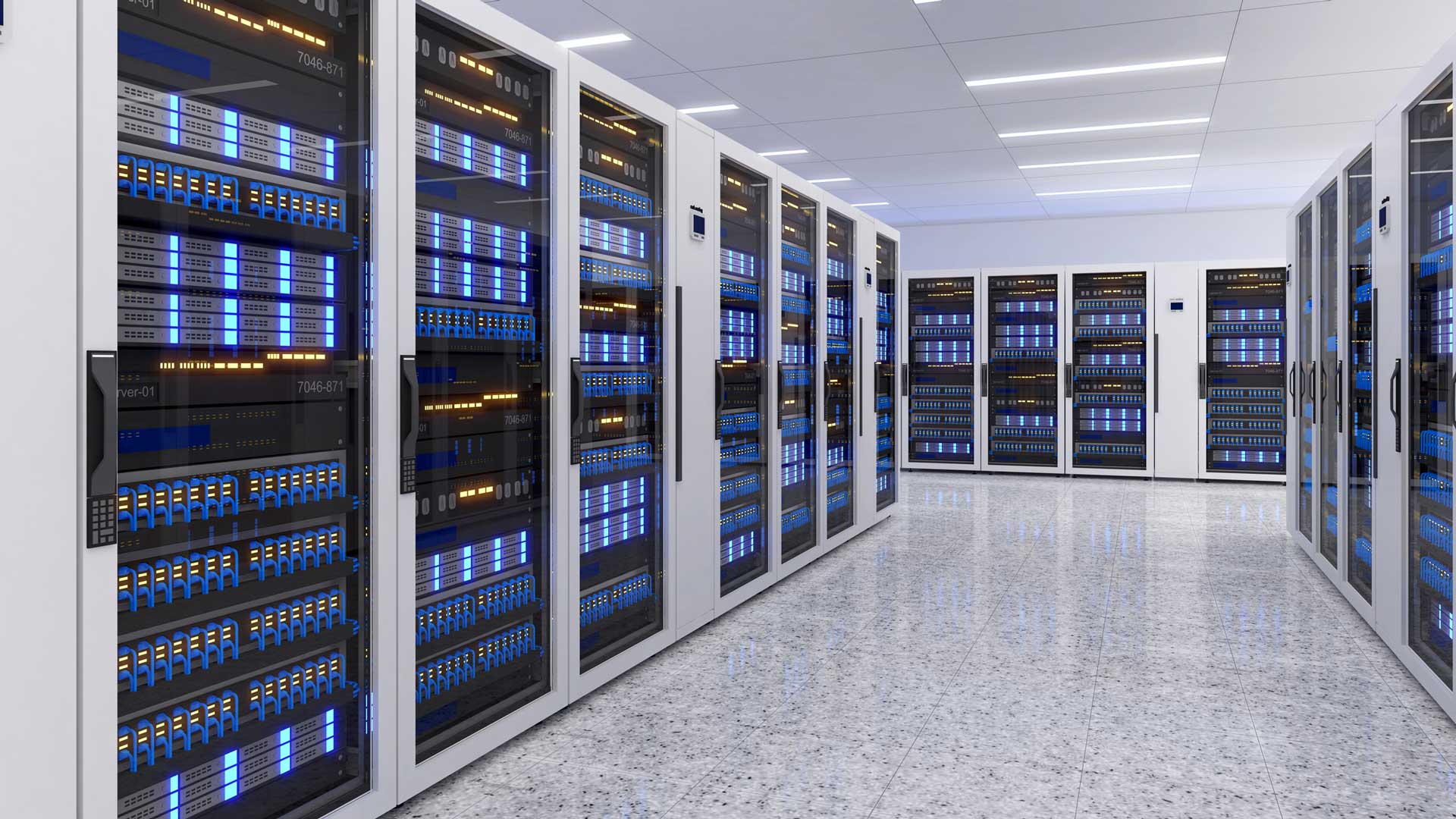 Rows of server racks in an operational data centre